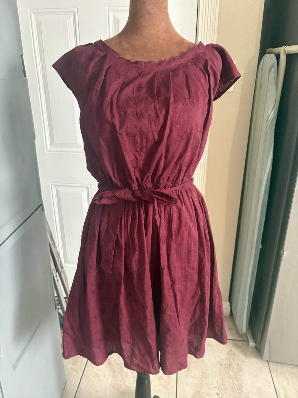 LC Lauren Conrad Wine-Red Tie-Waist Mini Dress